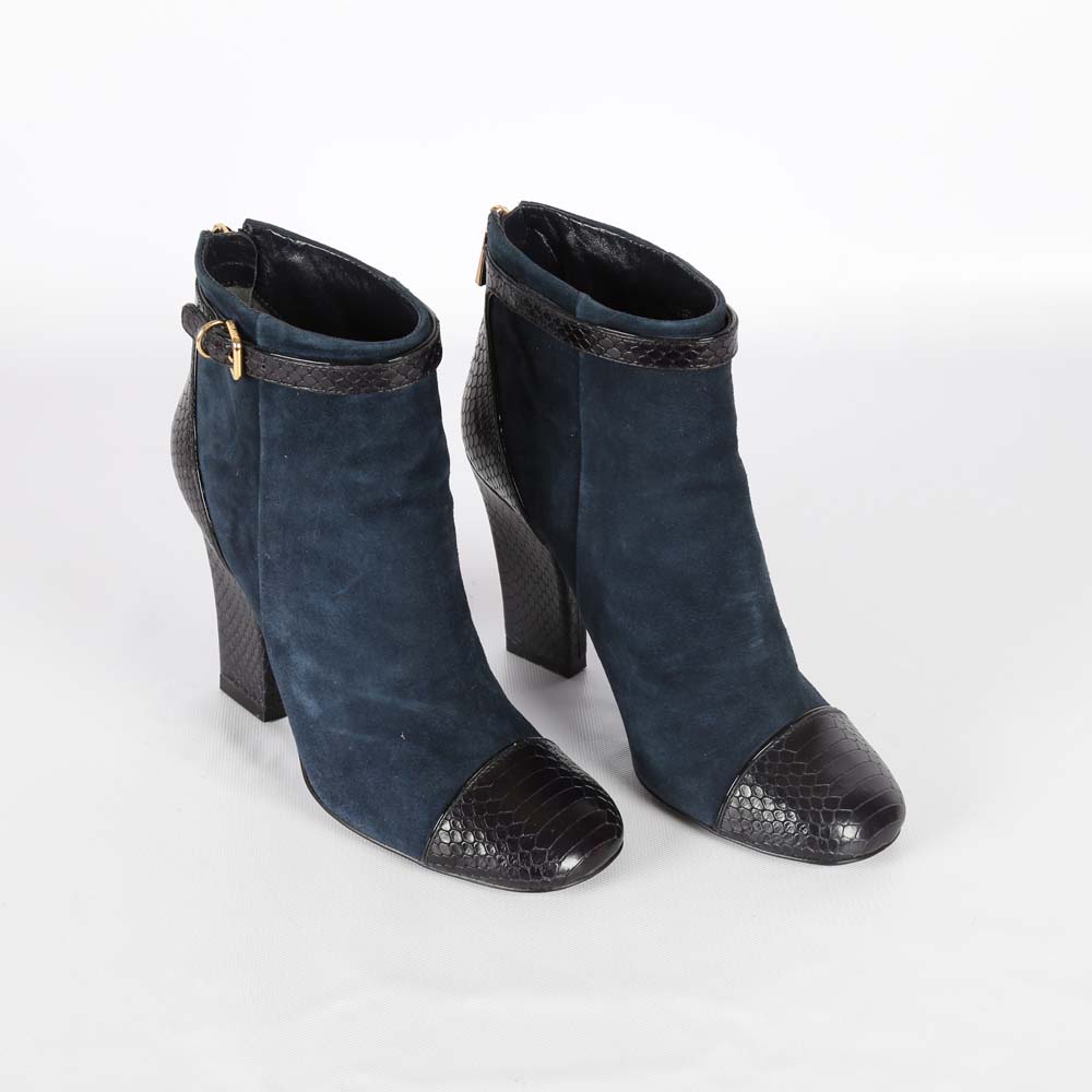 Tory Burch Navy Suede and Vitraux Snake Print Ankle Boots
