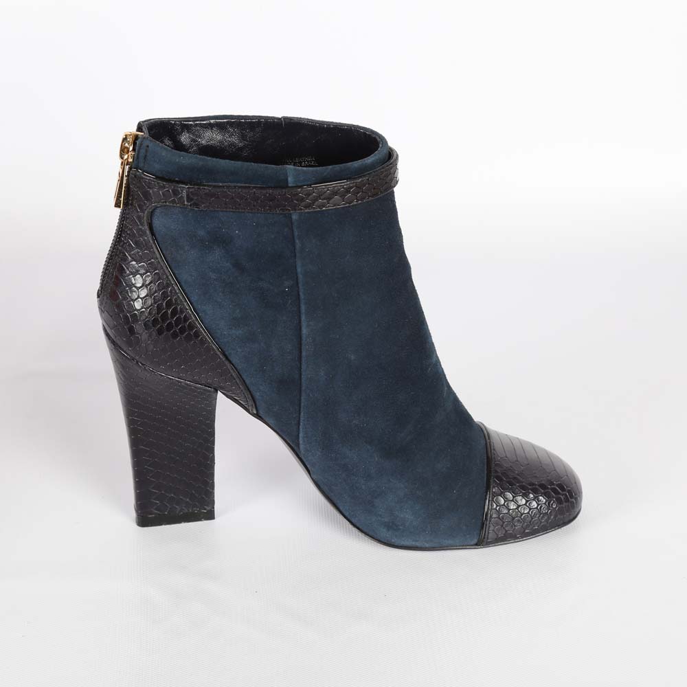 Tory Burch Navy Suede and Vitraux Snake Print Ankle Boots