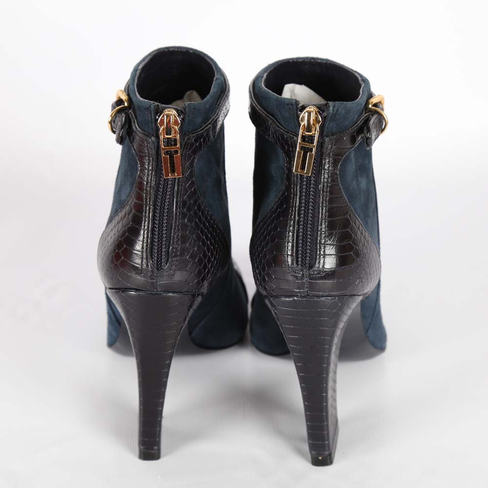 Tory Burch Navy Suede and Vitraux Snake Print Ankle Boots