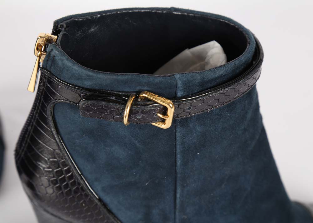 Tory Burch Navy Suede and Vitraux Snake Print Ankle Boots