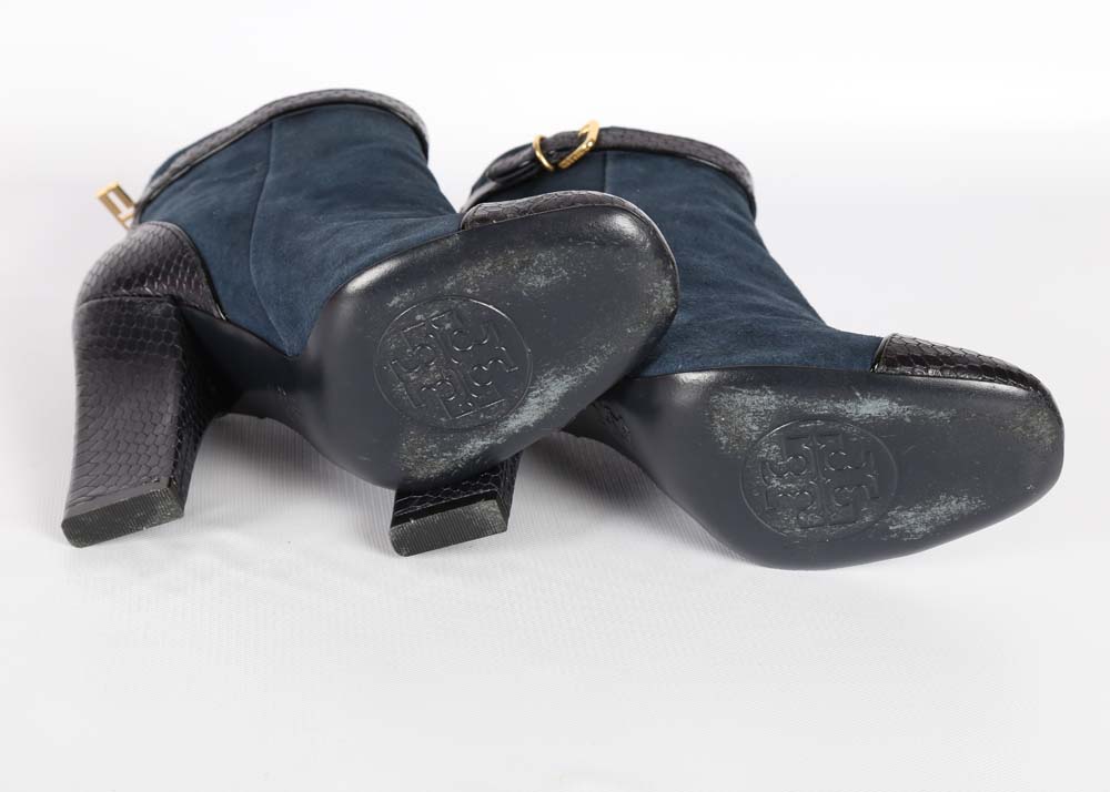 Tory Burch Navy Suede and Vitraux Snake Print Ankle Boots