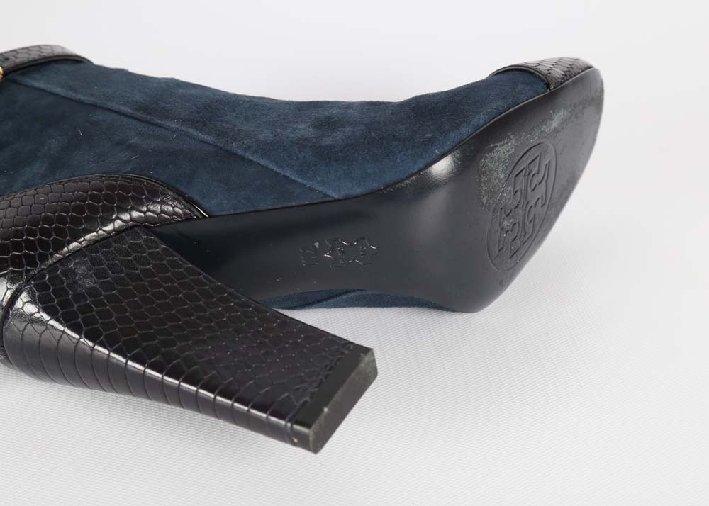 Tory Burch Navy Suede and Vitraux Snake Print Ankle Boots