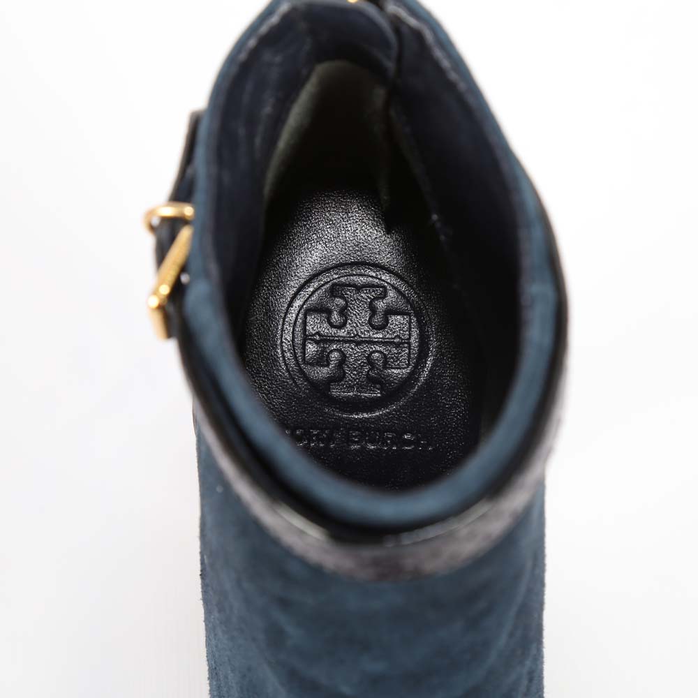 Tory Burch Navy Suede and Vitraux Snake Print Ankle Boots