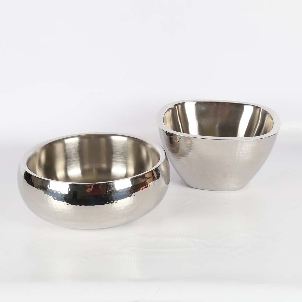 Pair of Hammered Finish Stainless Steel Serving Bowls