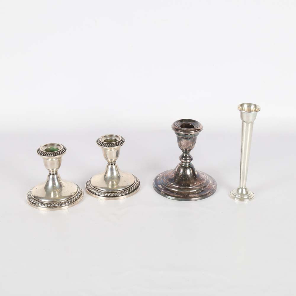 Weighted Sterling and Silver Plate Candleholder and Vase Grouping