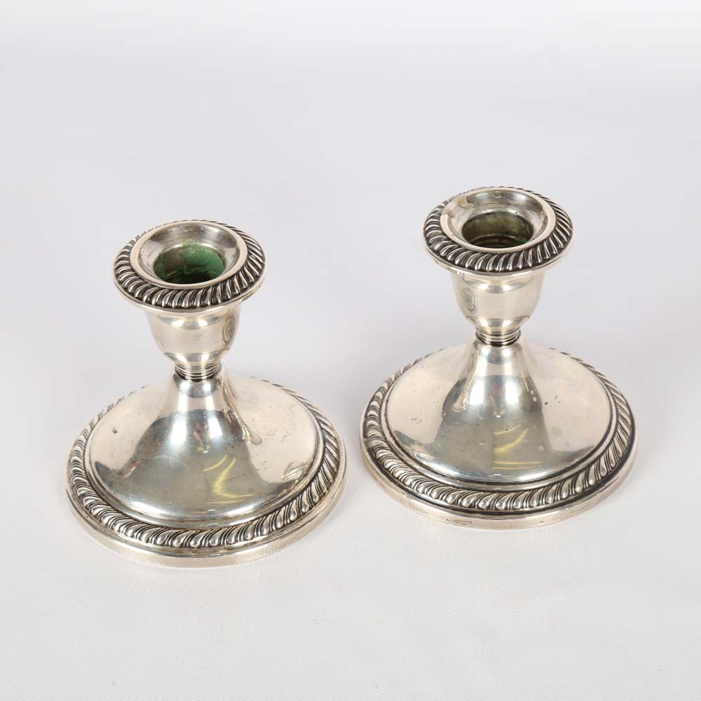 Weighted Sterling and Silver Plate Candleholder and Vase Grouping