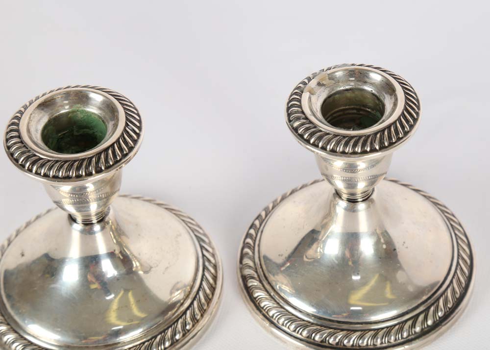 Weighted Sterling and Silver Plate Candleholder and Vase Grouping