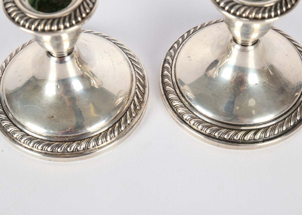 Weighted Sterling and Silver Plate Candleholder and Vase Grouping