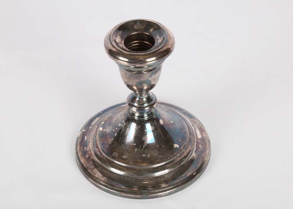 Weighted Sterling and Silver Plate Candleholder and Vase Grouping