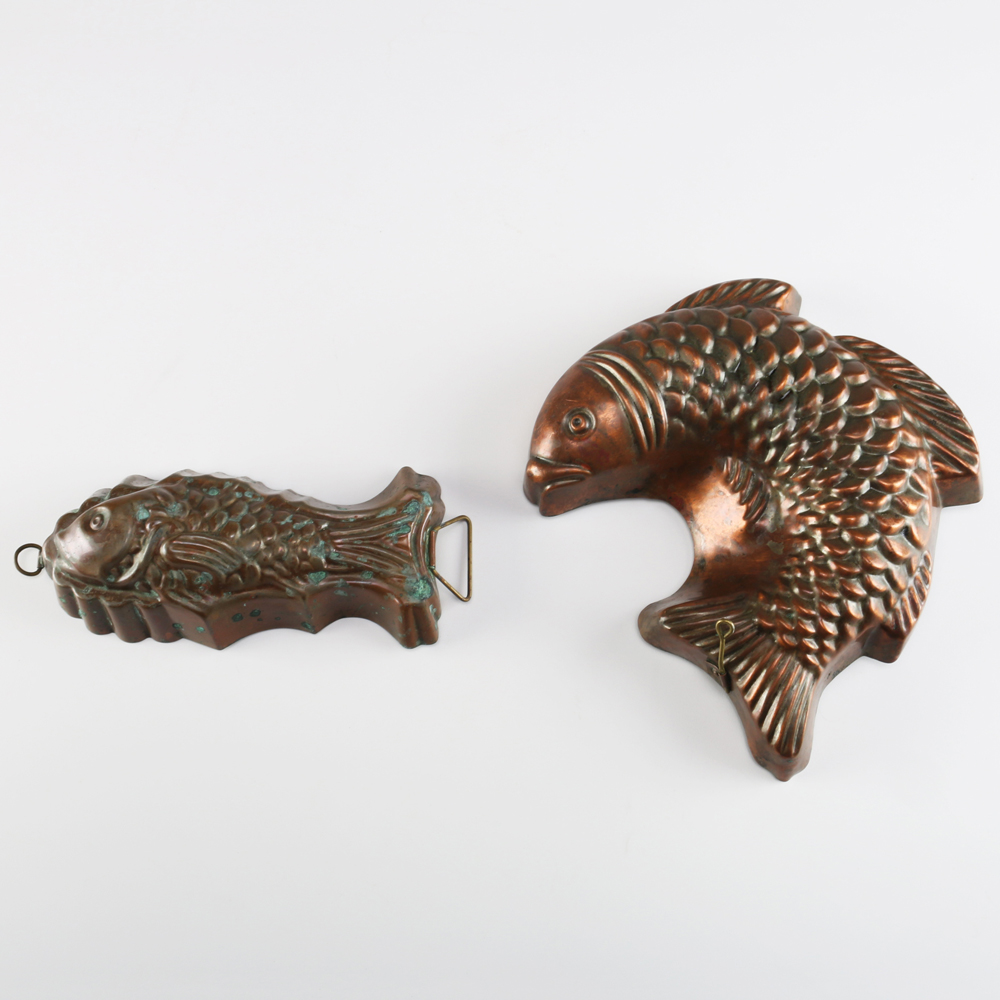 Two Vintage Copper Finish Fish Molds
