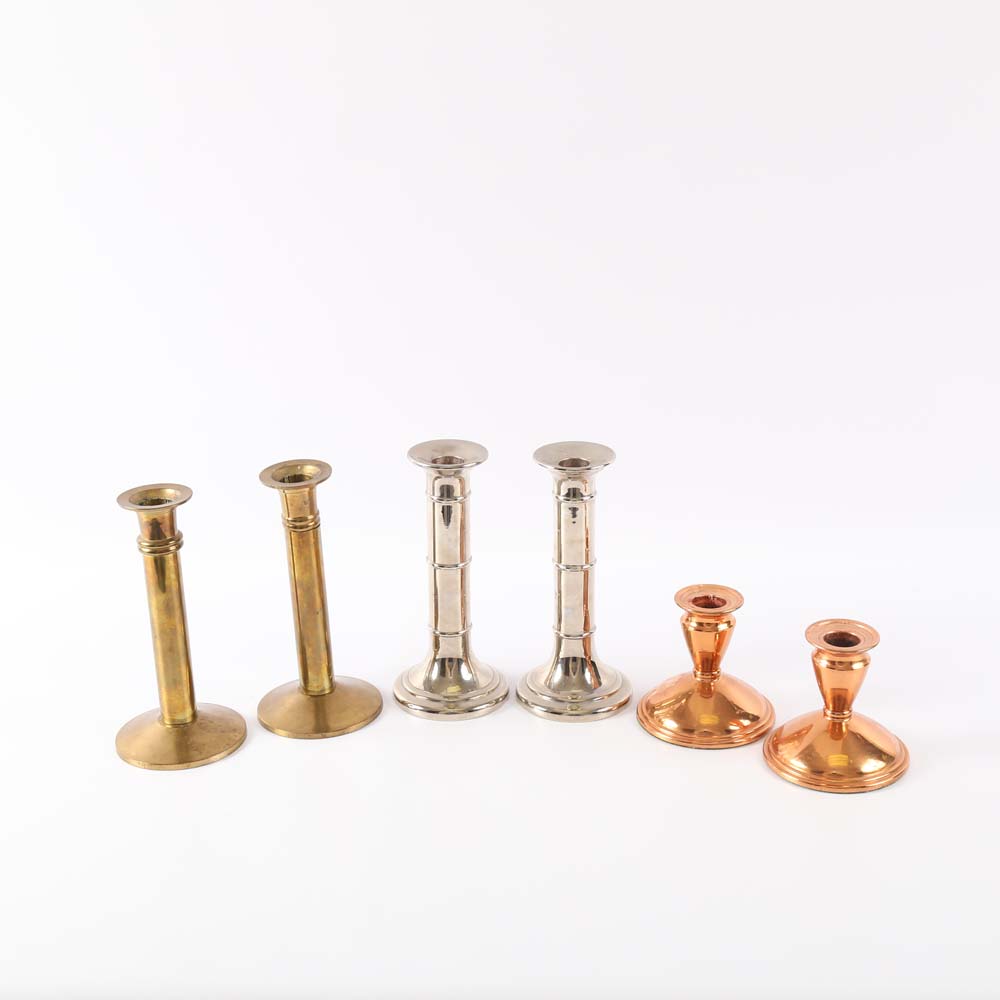 Three Pairs of Metal Candlesticks