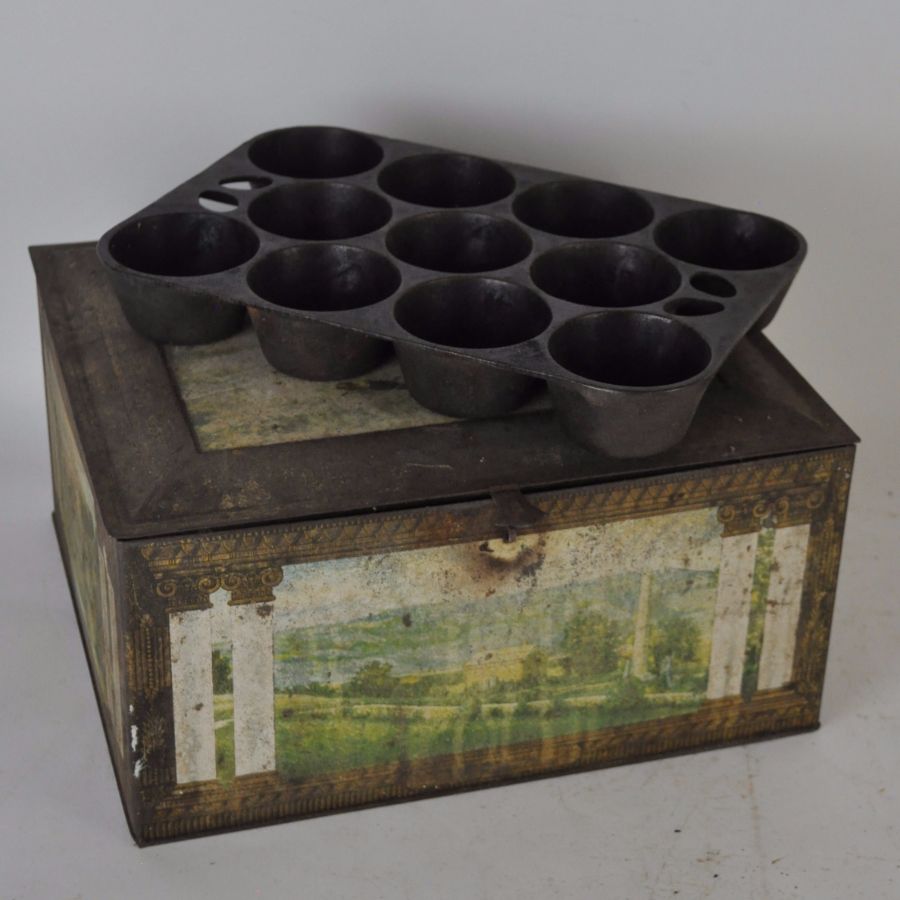 Cast Iron Muffin Pan and Vintage Cake Tin