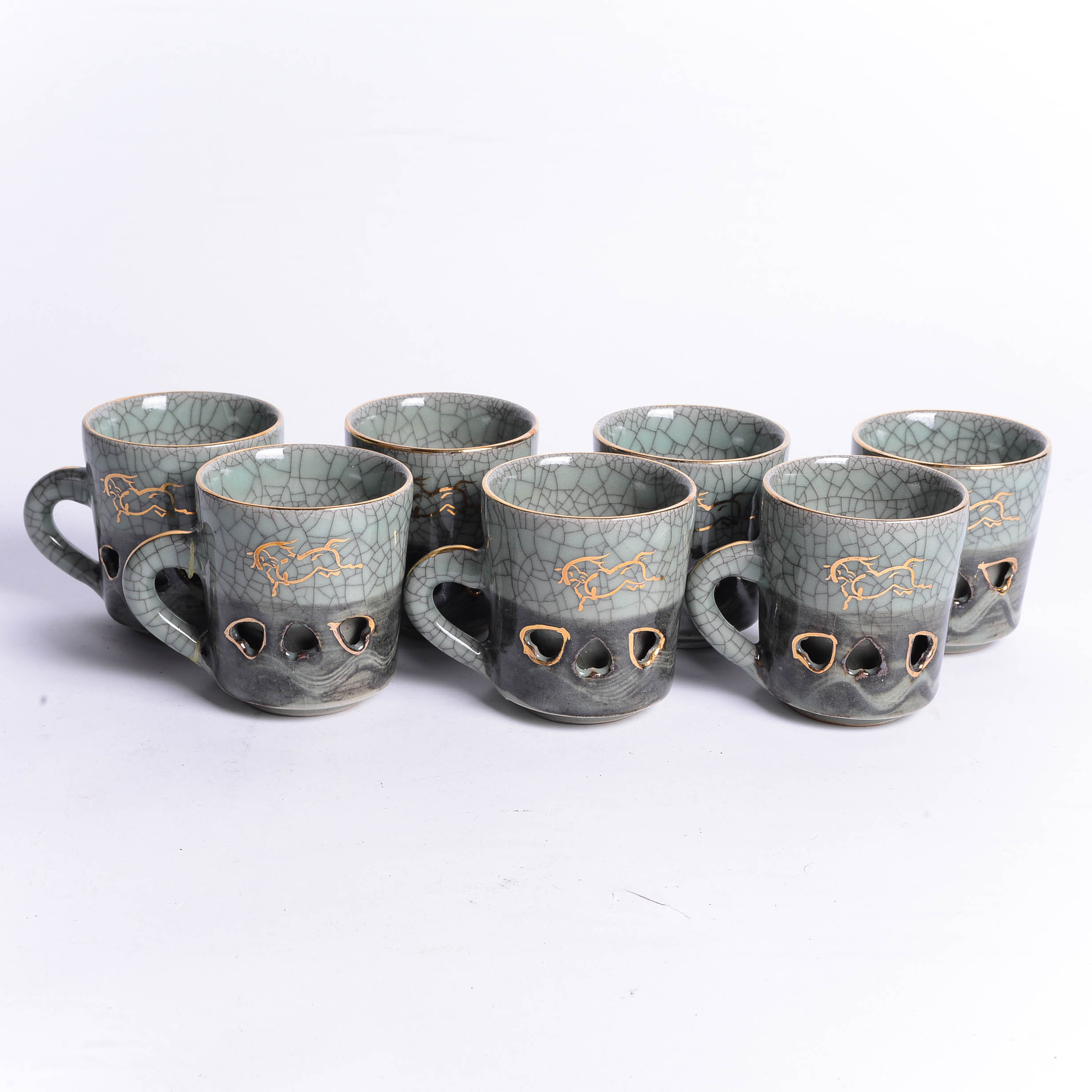 Seven Vintage  Green Glazed Mugs