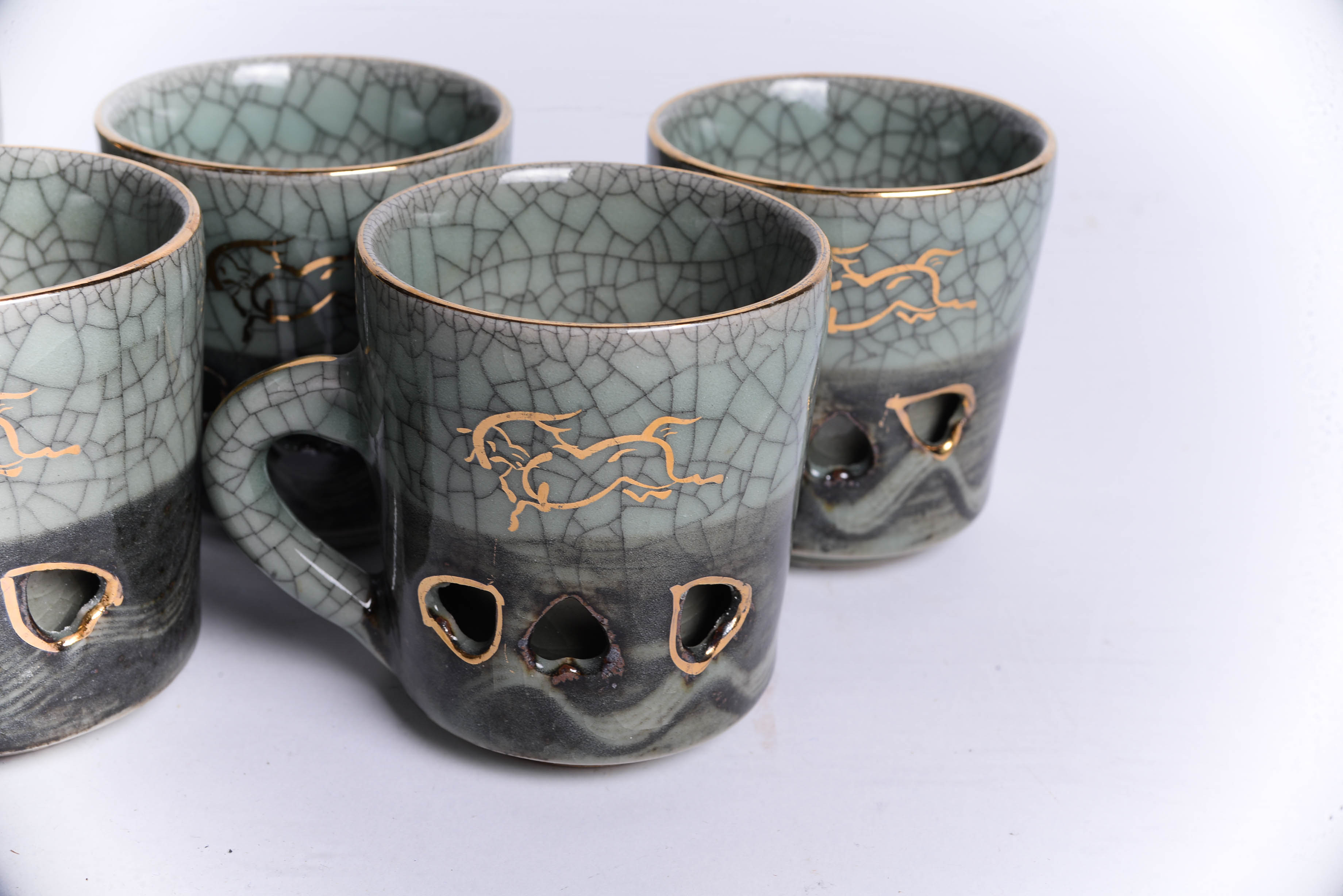 Seven Vintage  Green Glazed Mugs