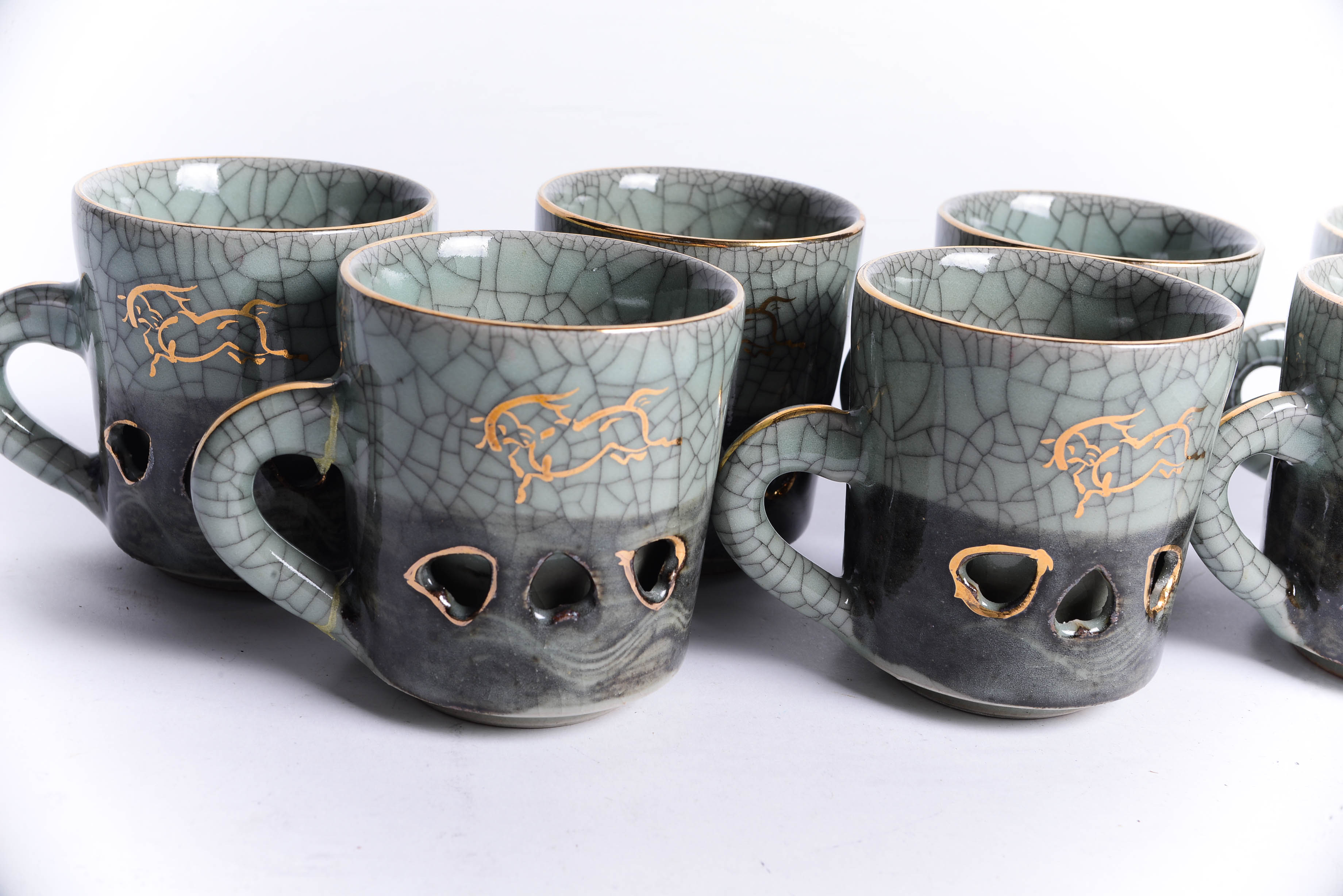 Seven Vintage  Green Glazed Mugs