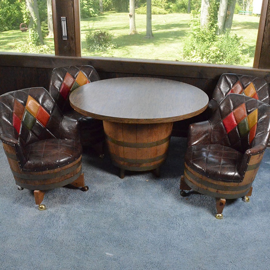 Vintage Oak Barrel Table with Barrel Chairs