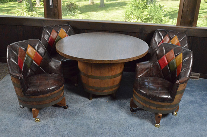Vintage Oak Barrel Table with Barrel Chairs