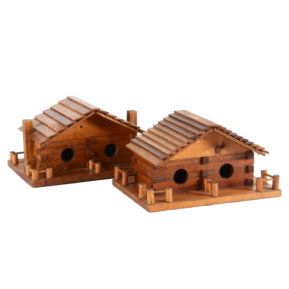 Two Handcrafted Log Cabin Bird Houses