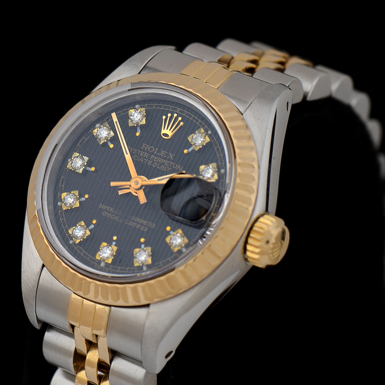 Women's Rolex Datejust 18K Yellow Gold & Steel Black Tapestry Diamond Dial Watch