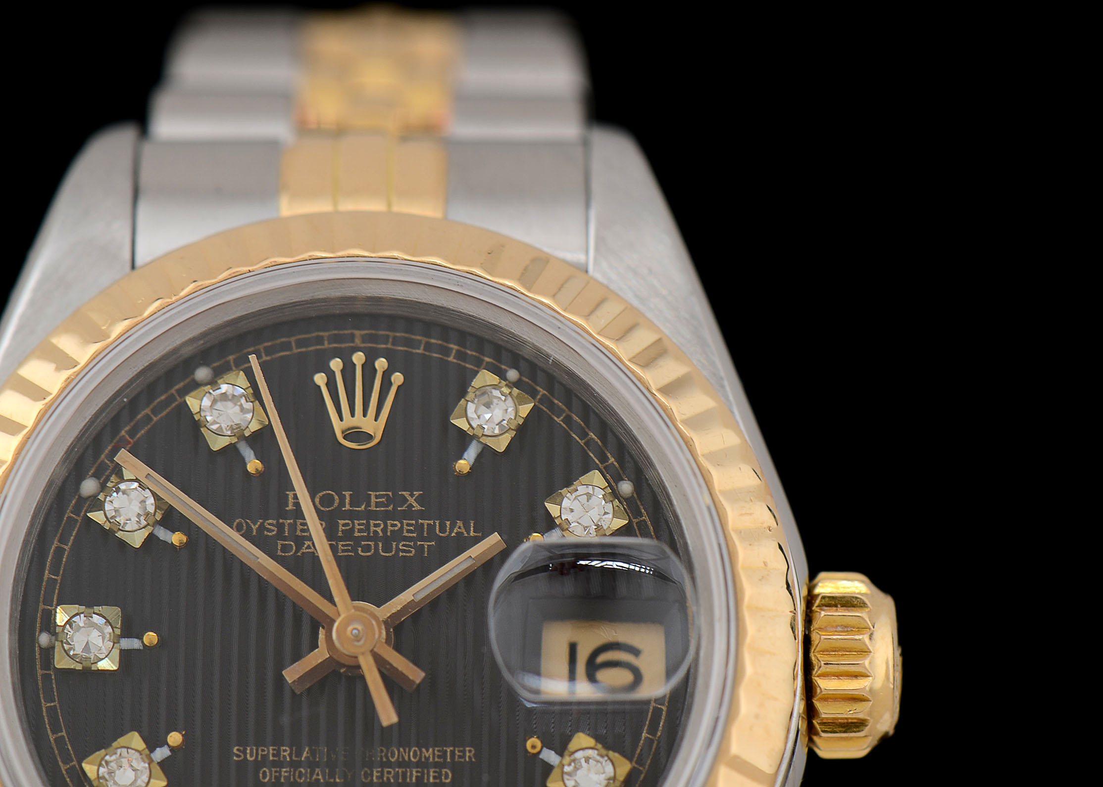 Women's Rolex Datejust 18K Yellow Gold & Steel Black Tapestry Diamond Dial Watch