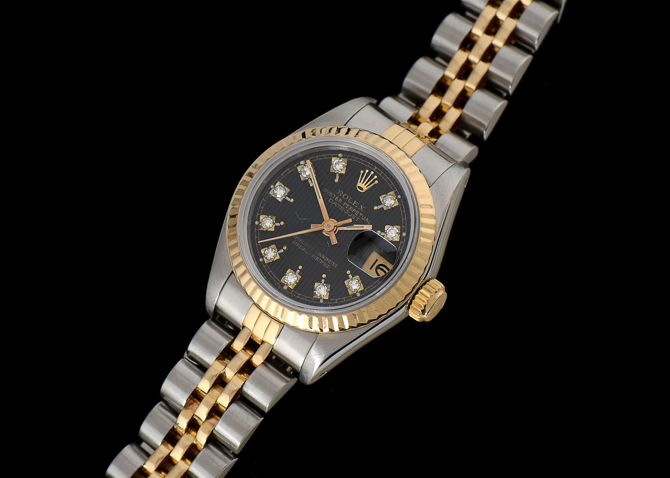 Women's Rolex Datejust 18K Yellow Gold & Steel Black Tapestry Diamond Dial Watch