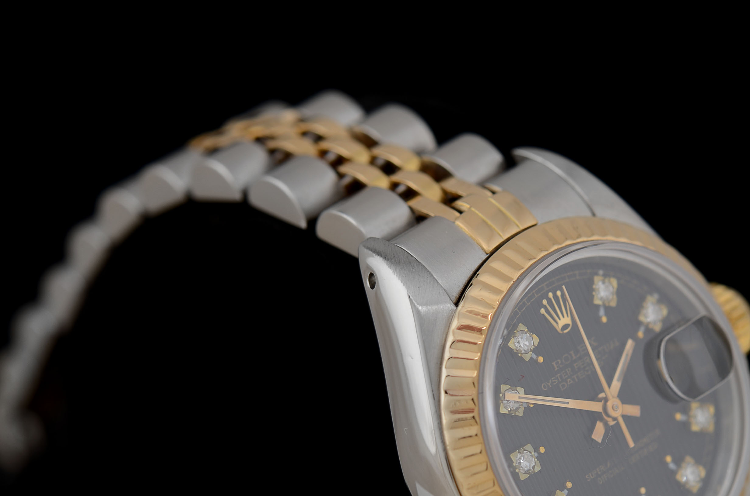 Women's Rolex Datejust 18K Yellow Gold & Steel Black Tapestry Diamond Dial Watch