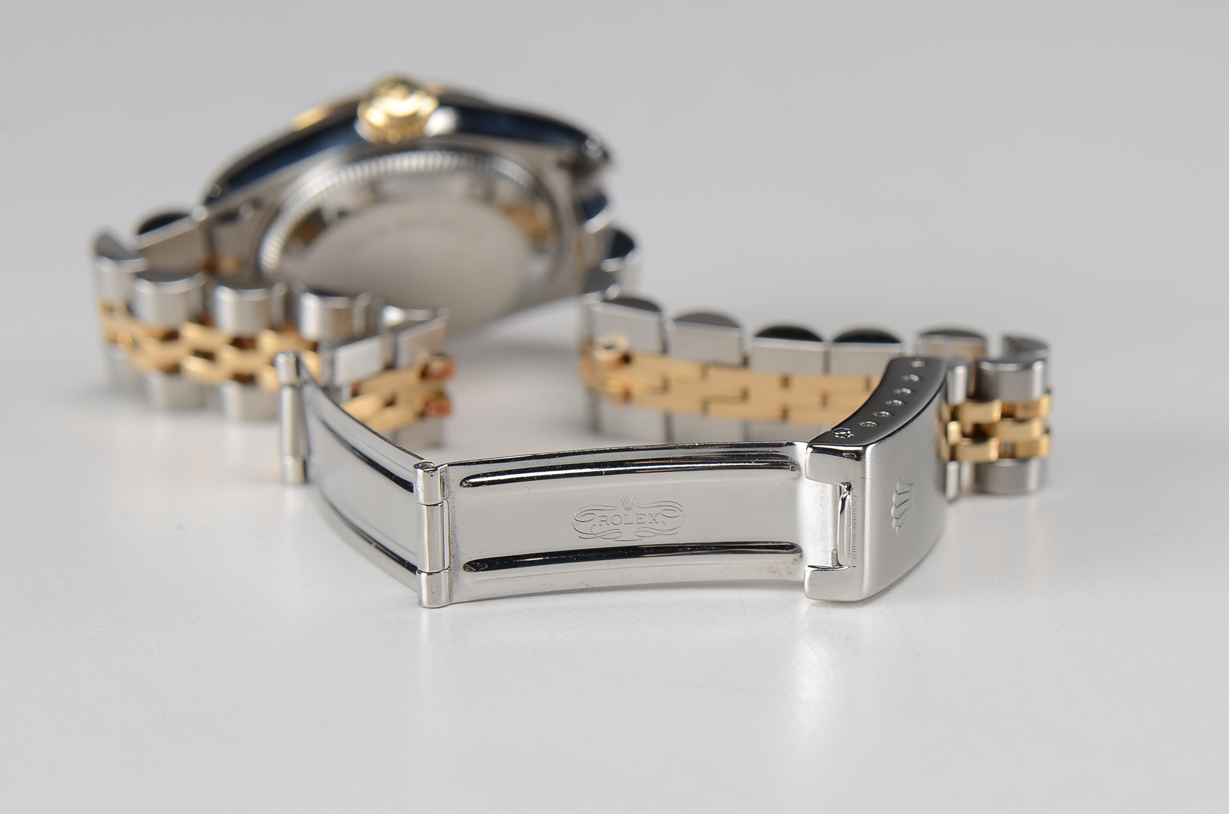 Women's Rolex Datejust 18K Yellow Gold & Steel Black Tapestry Diamond Dial Watch