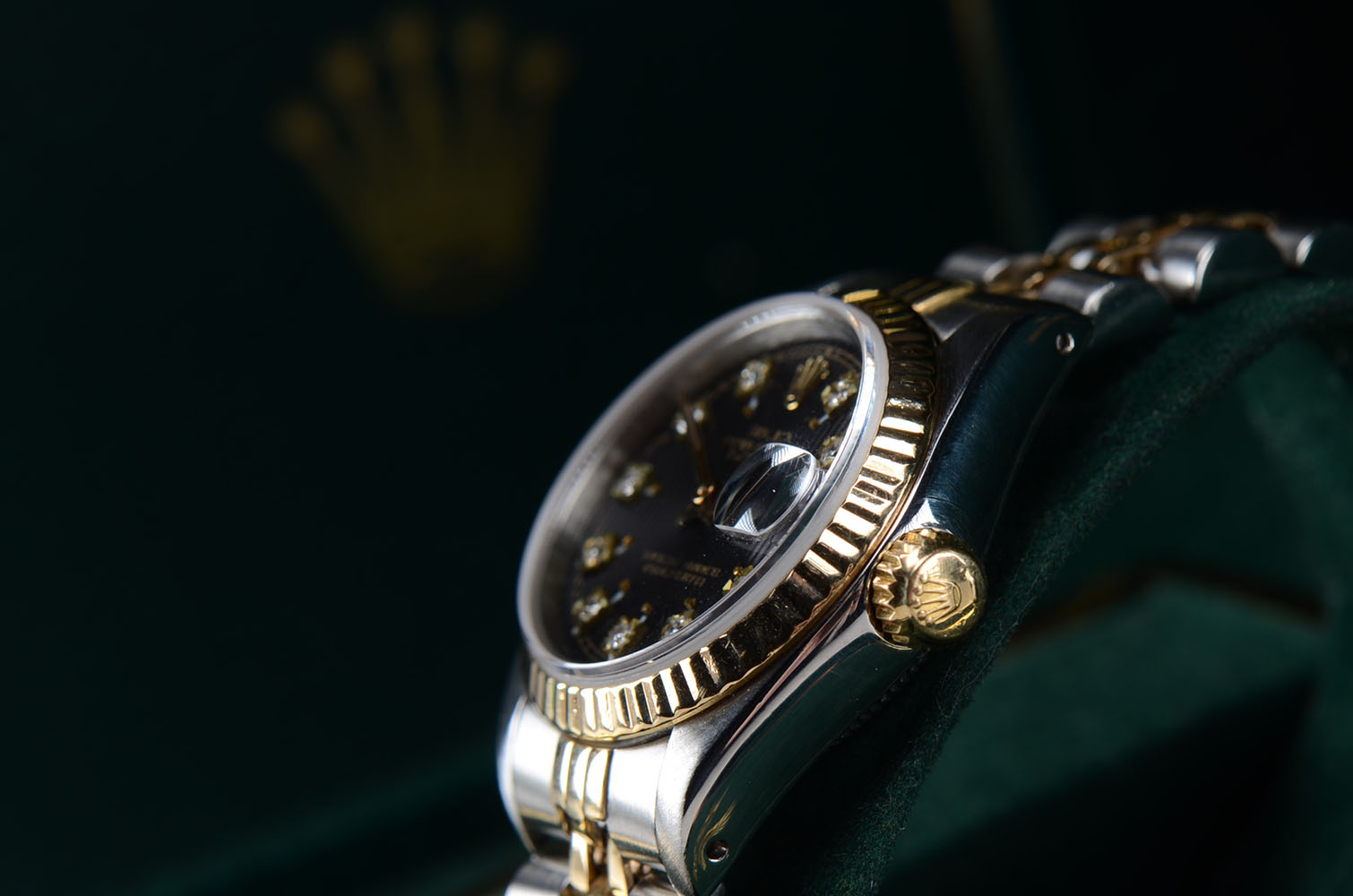 Women's Rolex Datejust 18K Yellow Gold & Steel Black Tapestry Diamond Dial Watch