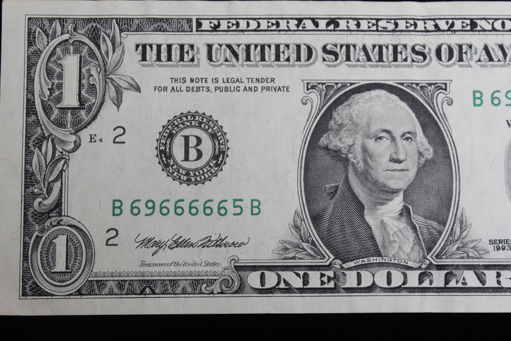 Two 1993 USA One Dollar Bills with Unusual Serial Numbers