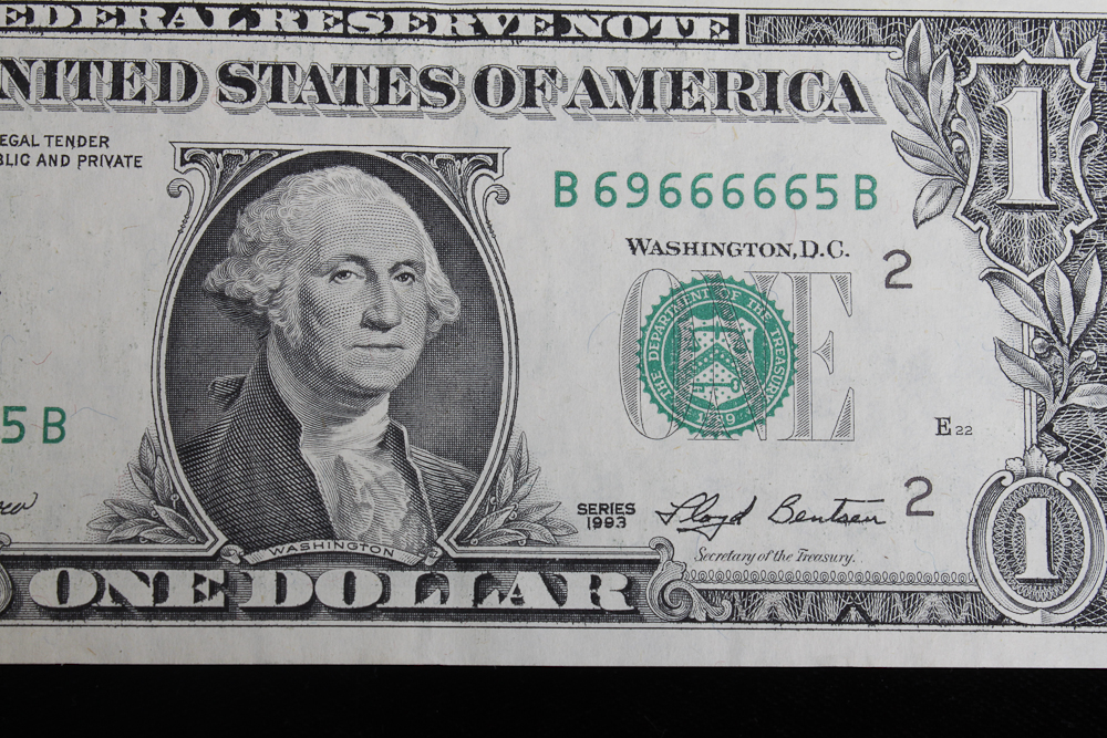 Two 1993 USA One Dollar Bills with Unusual Serial Numbers