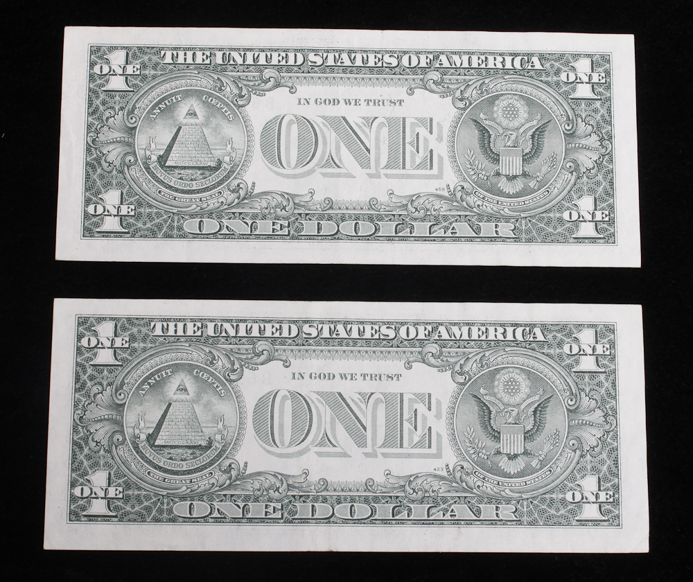 Two 1993 USA One Dollar Bills with Unusual Serial Numbers