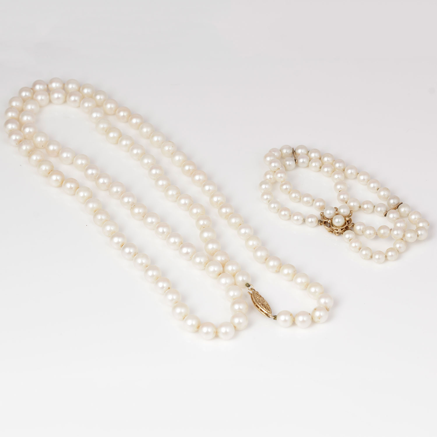 Pearl Necklace and Bracelet with 14K Gold Clasps