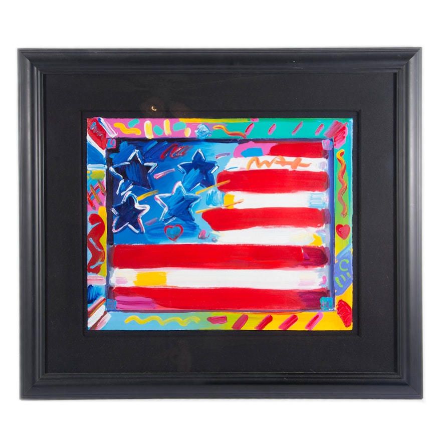 Peter Max Mixed Media "Flag with Heart"