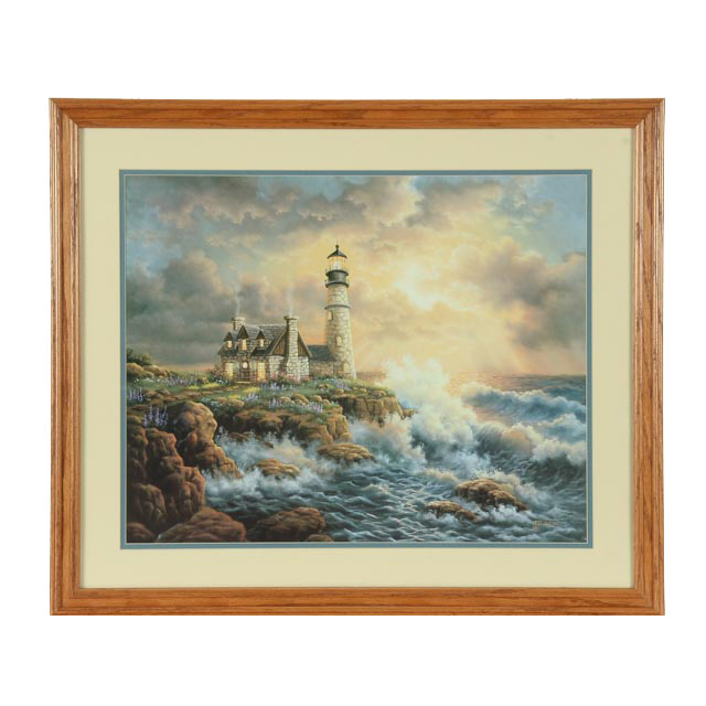 J. Gibson Offset Lithograph of Coastal Illustration with Lighthouse