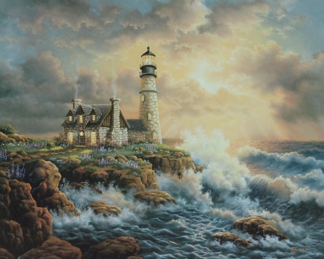 J. Gibson Offset Lithograph of Coastal Illustration with Lighthouse