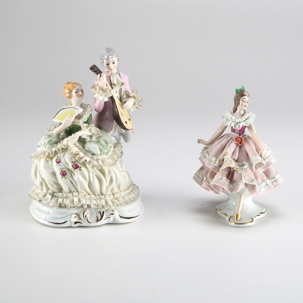 Vintage Dresden Lace Dipped Porcelain Figurines