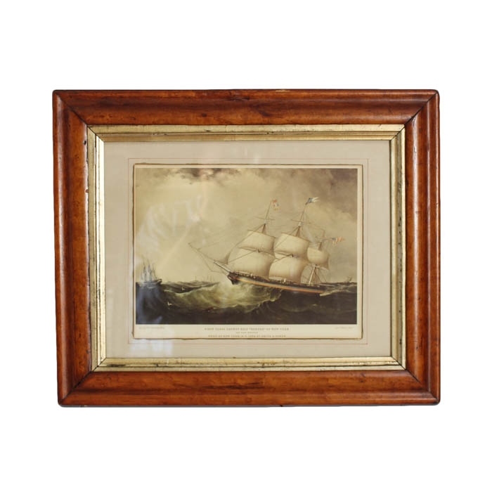 Framed Photo Offset Lithograph "First Class Packet Ship "Roscoe" of NY"