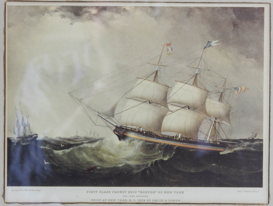 Framed Photo Offset Lithograph "First Class Packet Ship "Roscoe" of NY"