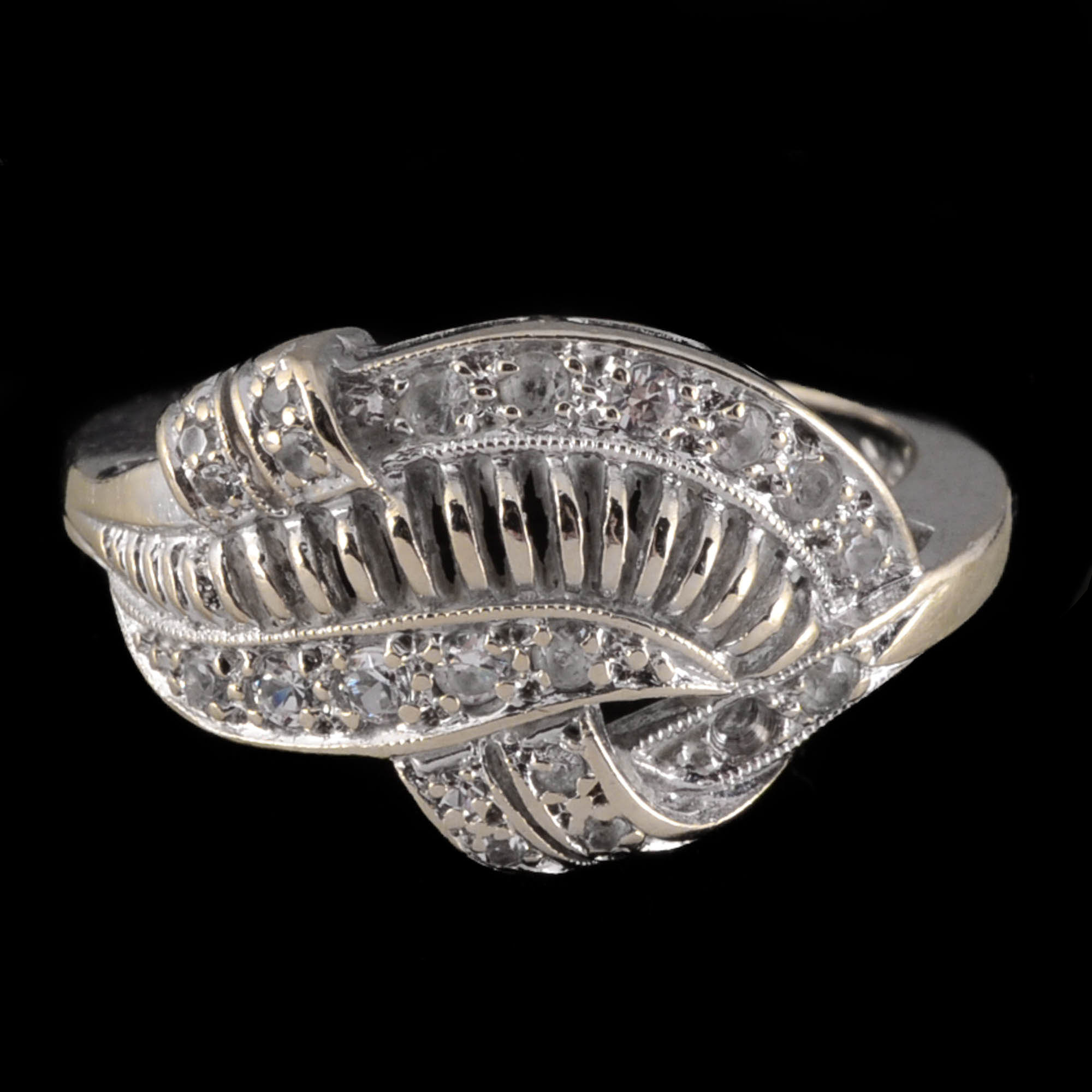 Vintage 10K White Gold and Colorless Quartz Openwork Ring