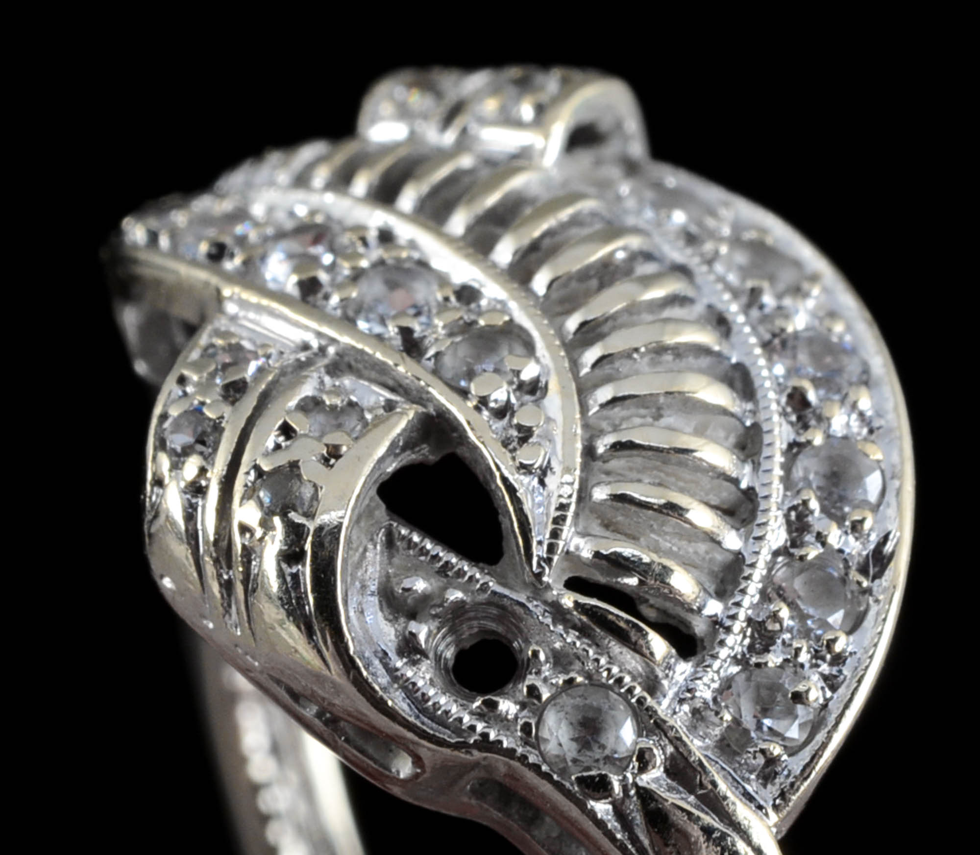 Vintage 10K White Gold and Colorless Quartz Openwork Ring