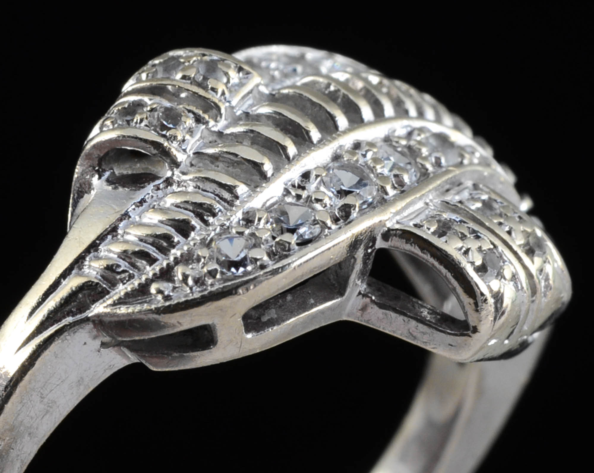 Vintage 10K White Gold and Colorless Quartz Openwork Ring