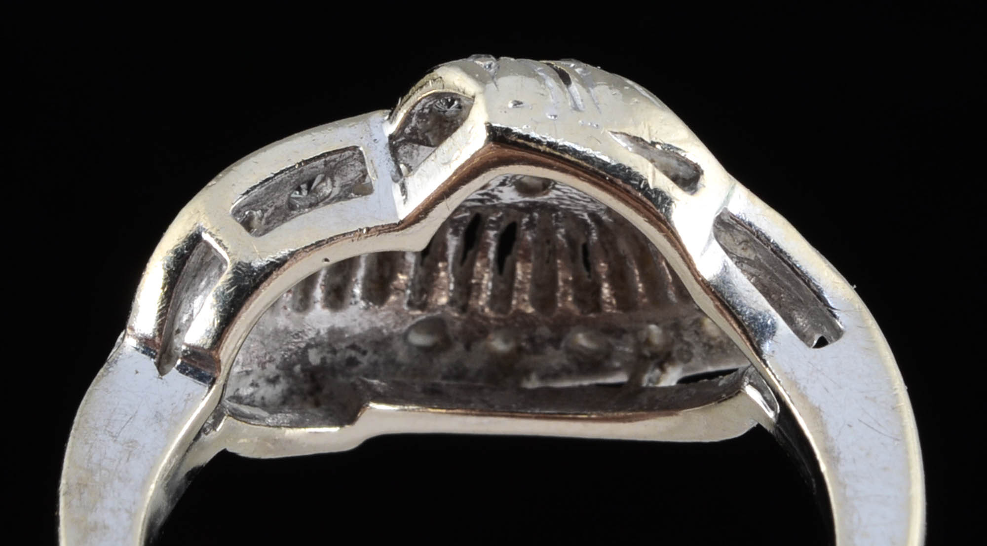 Vintage 10K White Gold and Colorless Quartz Openwork Ring