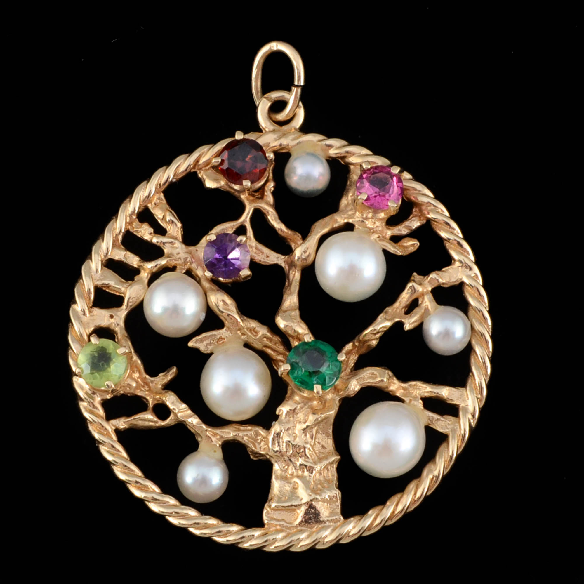 14K Yellow Gold Multi-Stone and Pearl Openwork "Tree of Life" Pendant