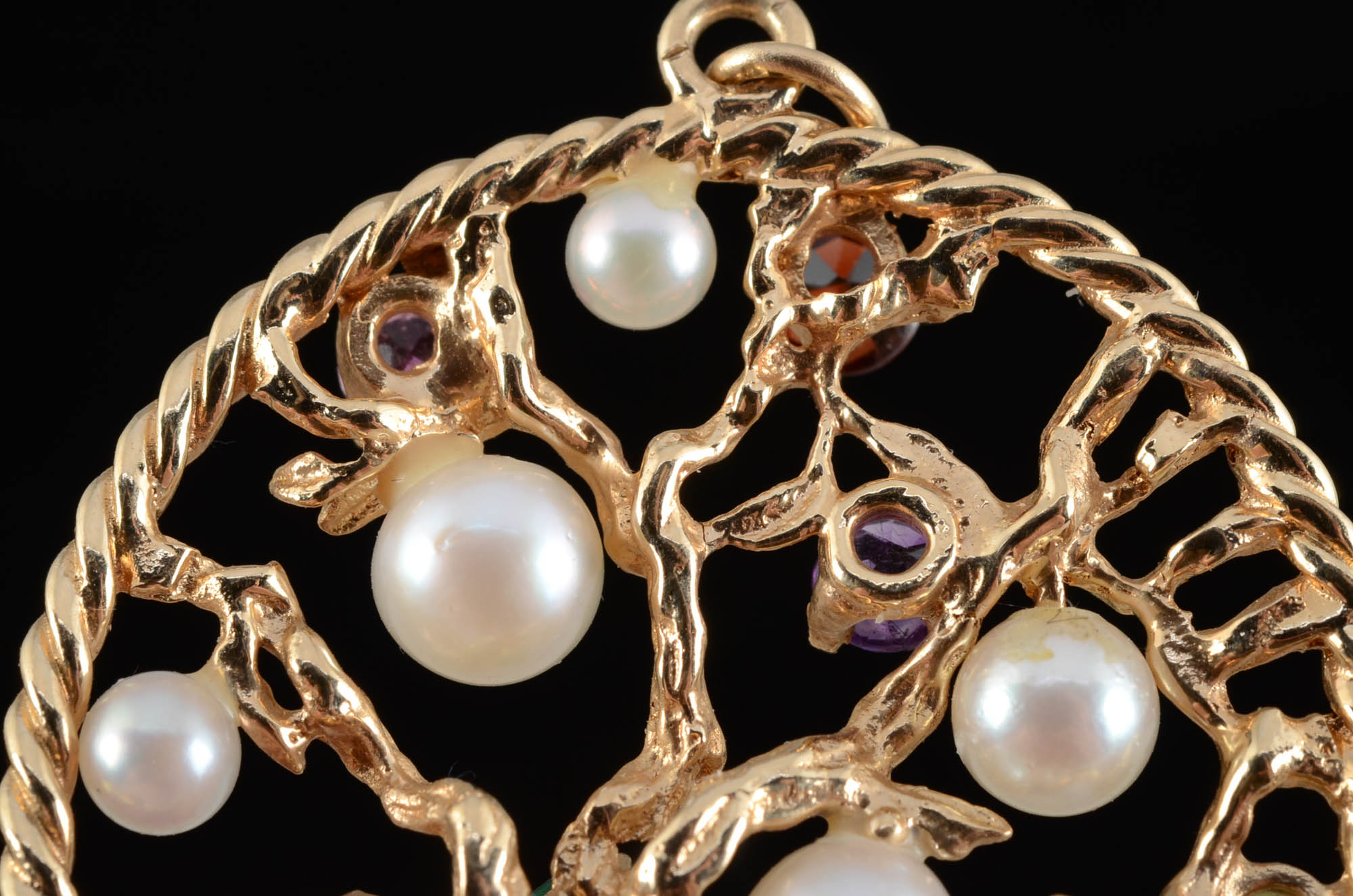 14K Yellow Gold Multi-Stone and Pearl Openwork "Tree of Life" Pendant