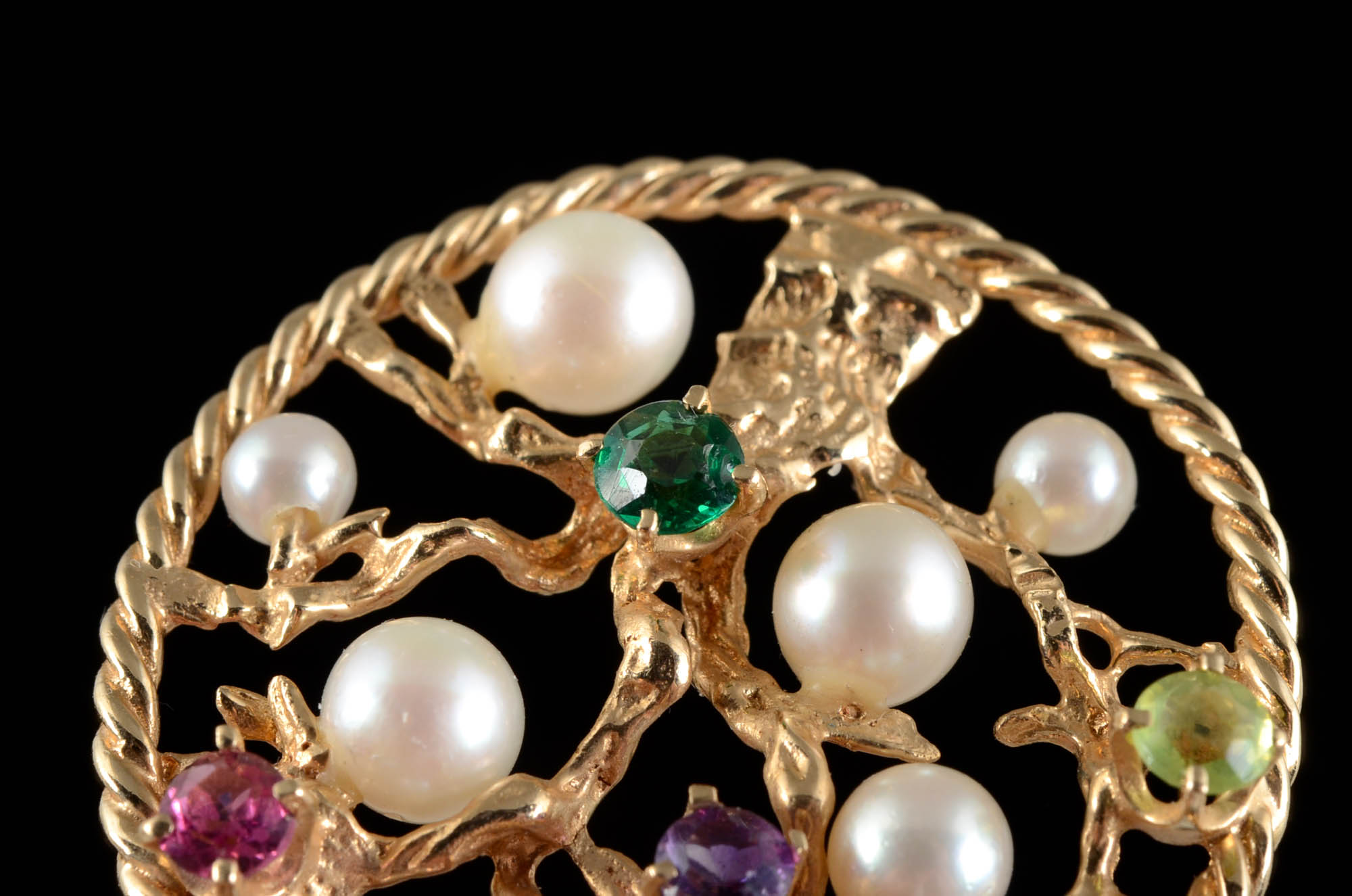 14K Yellow Gold Multi-Stone and Pearl Openwork "Tree of Life" Pendant