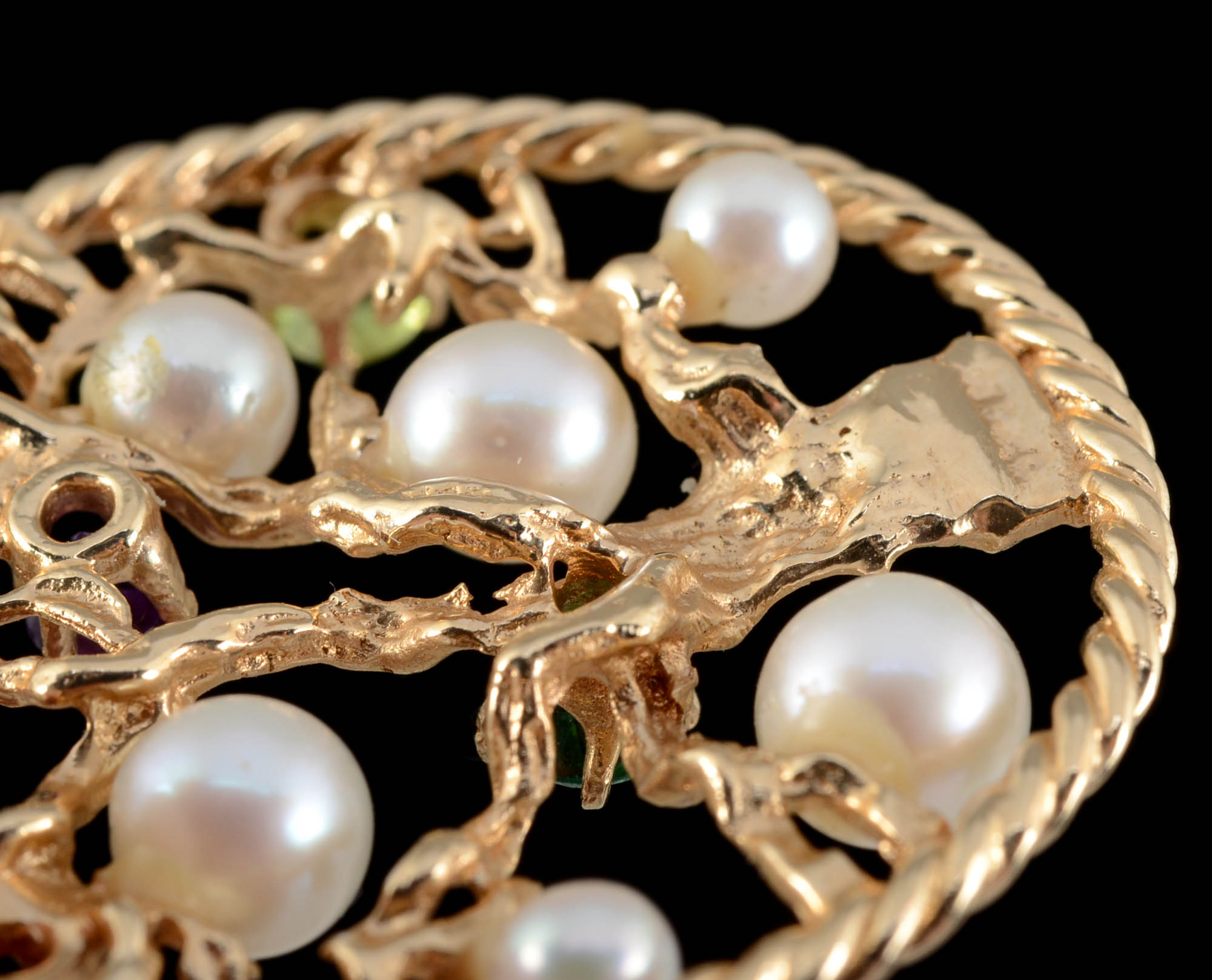 14K Yellow Gold Multi-Stone and Pearl Openwork "Tree of Life" Pendant