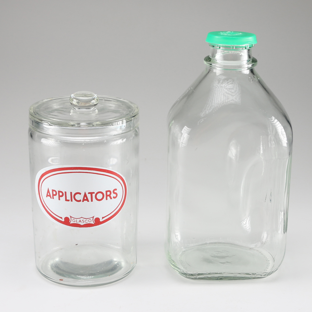 Vintage Glasco "Applicators" Apothecary Jar and Juice Bottle
