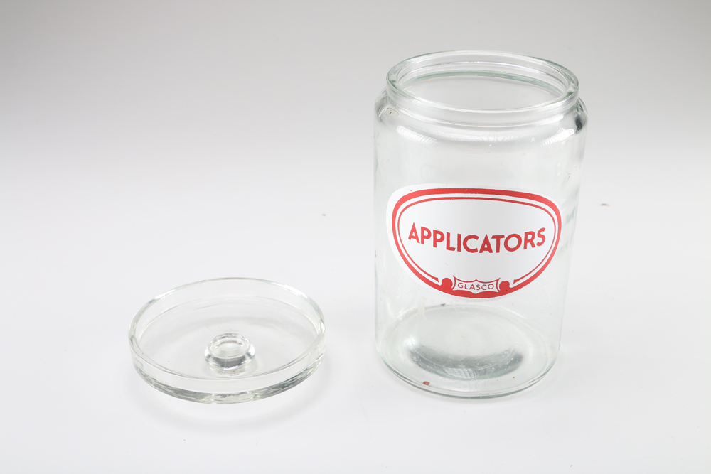 Vintage Glasco "Applicators" Apothecary Jar and Juice Bottle