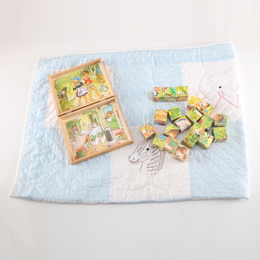 Vintage Baby Blanket and Wooden Puzzle