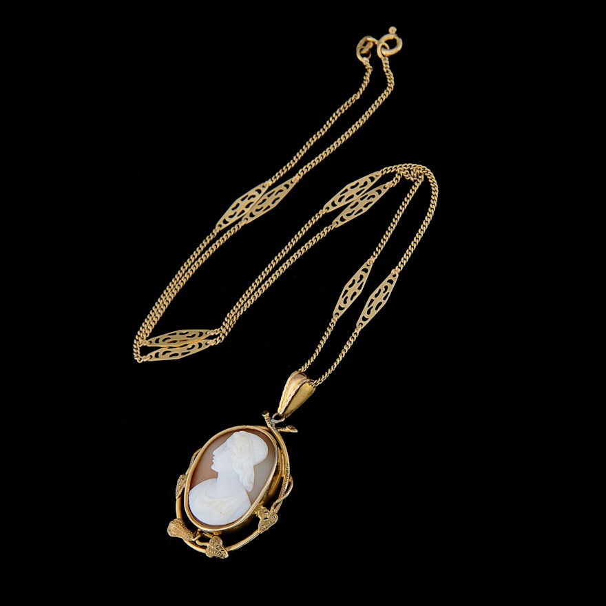 18K Yellow Gold Chain and 12K Yellow Gold Cameo Necklace